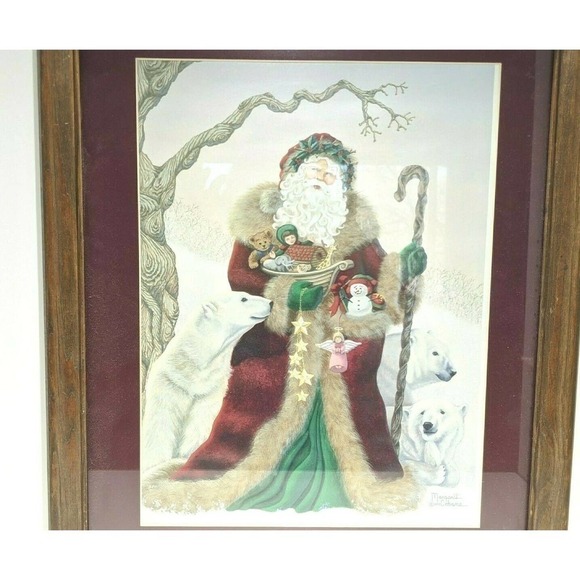 Santa Claus Polar Bears Print Framed Matted Glass Margaret Cobane 18 x 2… - Picture 1 of 6